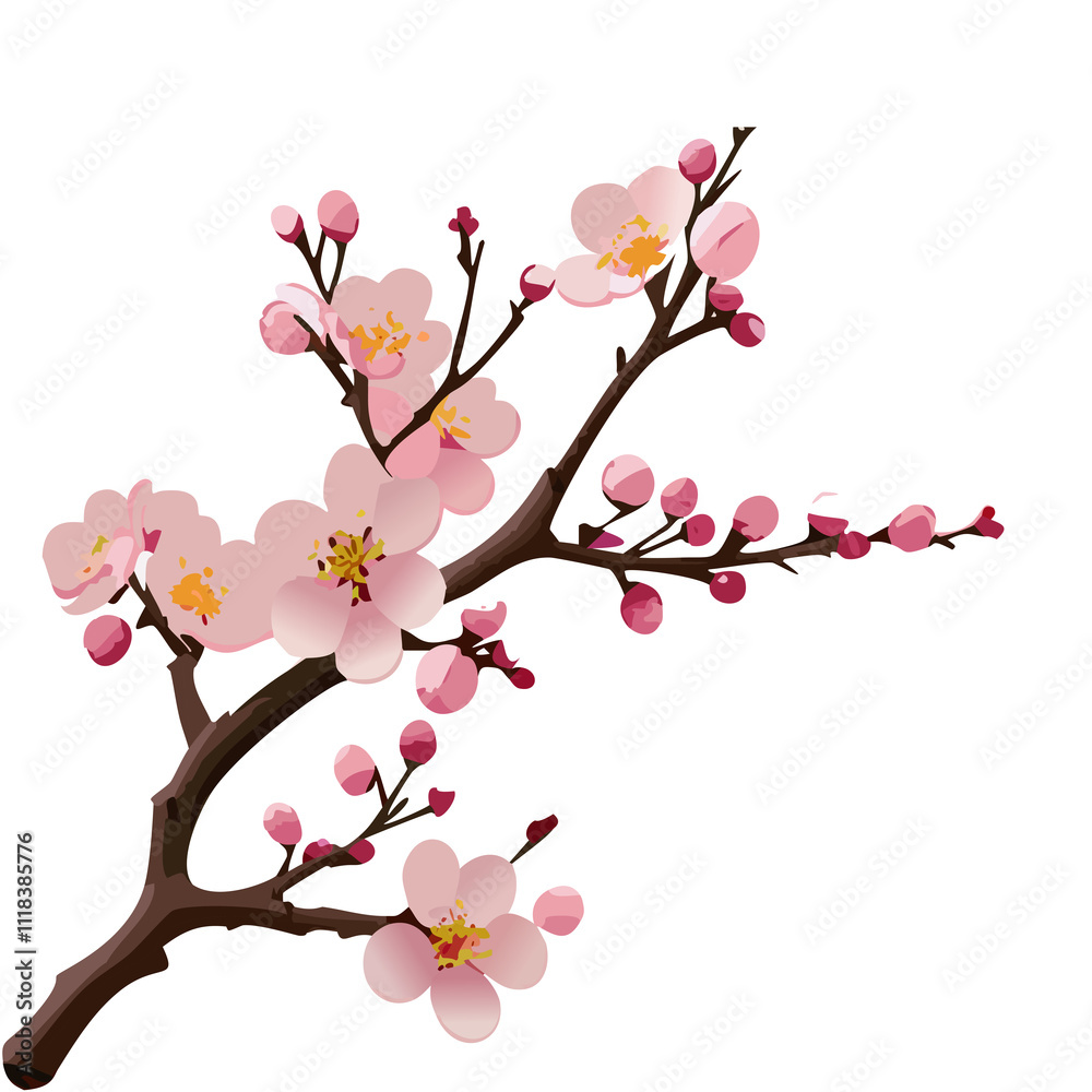 Fototapeta premium Pink Cherry Blossom Branch with Flowers and Buds – Detailed Floral Vector Illustration