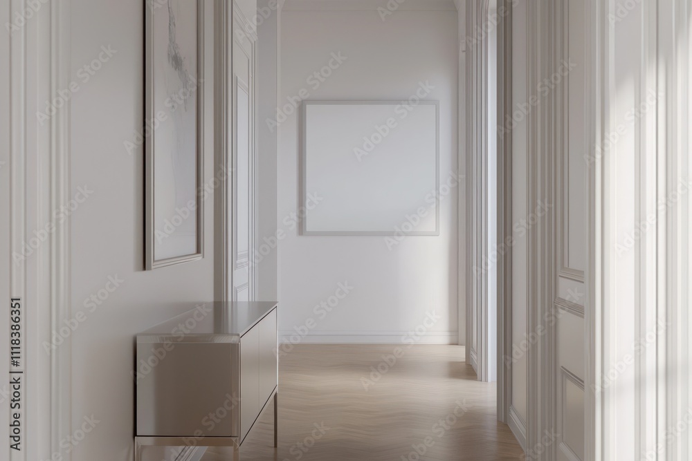 Crisp,hallway,minimalist,sideboard,blank,ISO,A3,frame,white,walls,wooden,floors,gentle,natural,light,streaming,through.