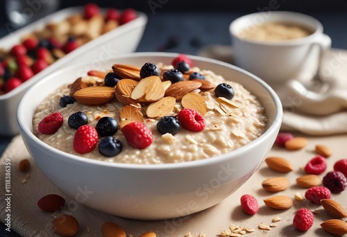 Wallpaper Mural Almonds scattered across a steaming bowl of oatmeal with a mix of juicy berries in the background, morning, rustic decor, oatmeal Torontodigital.ca