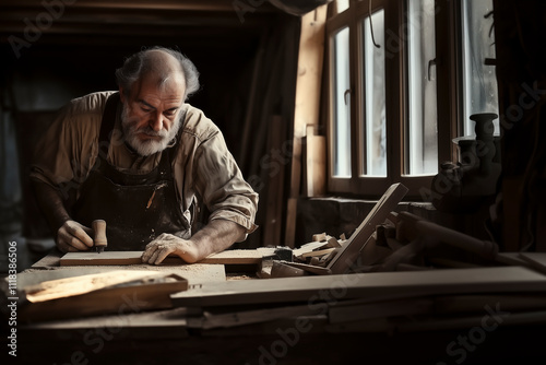 Carpenter working in the carpentry shop.