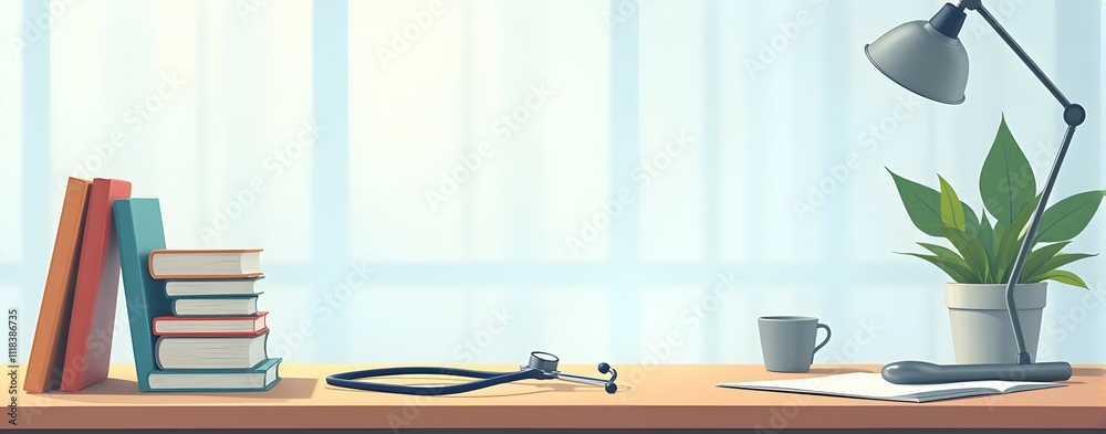 A serene doctor's desk awaits. Books, stethoscope, a plant, and a mug create a calming atmosphere of knowledge and care. Ready for the day's appointments. A serene doctor's desk awaits. Books, stethoscope, a plant, and a mug create a calming atmosphere of knowledge and care. Ready for the day's appointments.