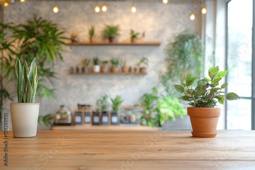 A cozy indoor space featuring plants and wooden decor, creating a serene atmosphere.