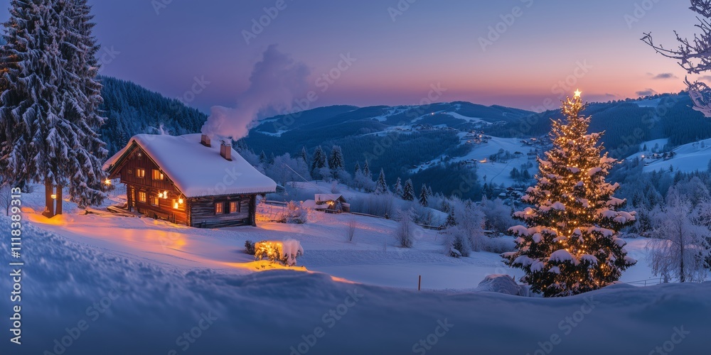 Fototapeta premium a christmas tree with candles stands in the snow next to a lonely romantically lit hut in mountains