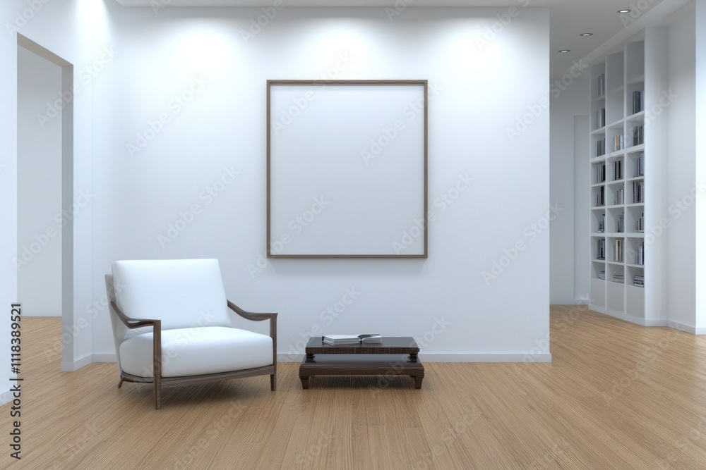 Modern minimalist living room interior with empty frame, armchair, and coffee table.