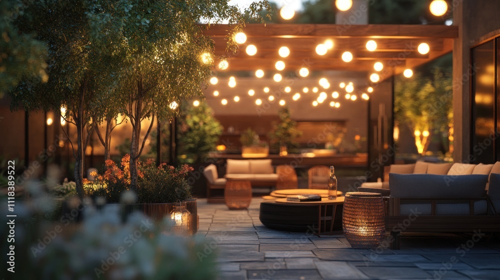 Serene outdoor patio at night with string lights, comfortable seating, and lush greenery. Serene outdoor patio at night with string lights, comfortable seating, and lush greenery.