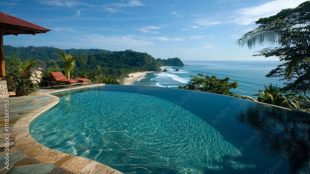 Fototapeta premium Tranquil Infinity Pool Overlooking Tropical Paradise in Scenic Views