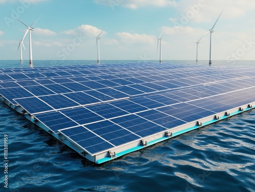 Floating solar farm with wind turbines on calm water under blue sky. photo