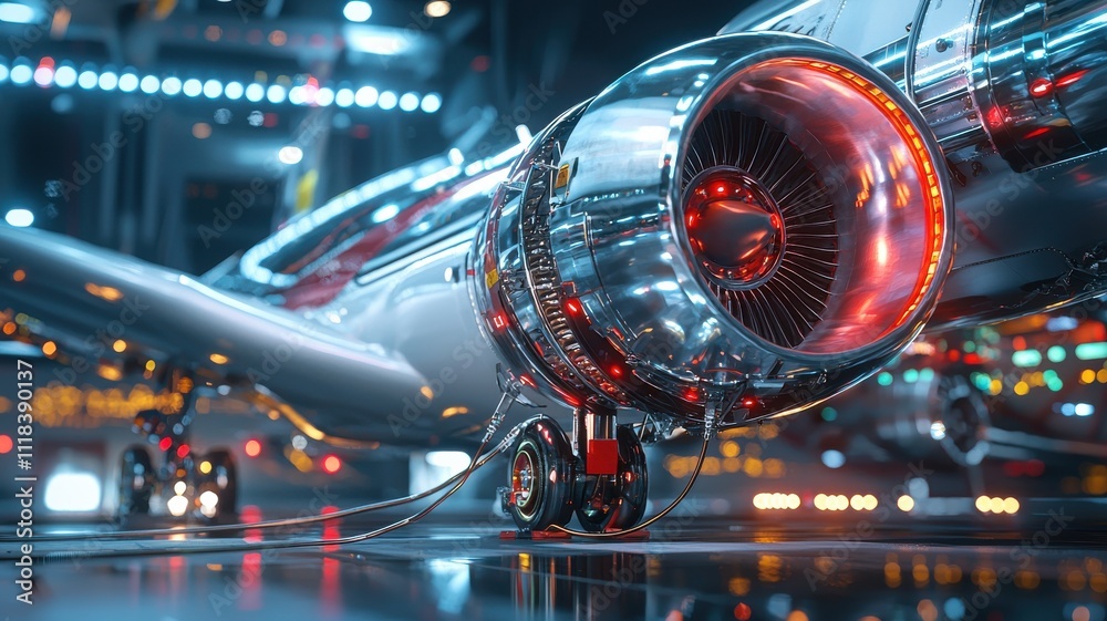Close-up view of a modern aircraft engine with vibrant details. Close-up view of a modern aircraft engine with vibrant details.