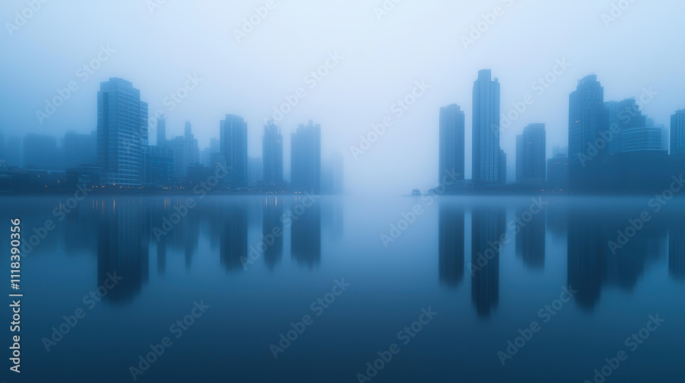 tranquil cityscape shrouded in fog, reflecting skyscrapers on water tranquil cityscape shrouded in fog, reflecting skyscrapers on water