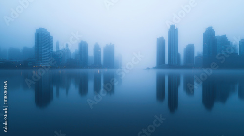 tranquil cityscape shrouded in fog, reflecting skyscrapers on water