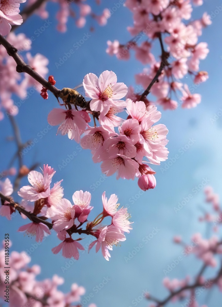 A bee hovering around a branch with multiple cherry blossom, flowers, blooming A bee hovering around a branch with multiple cherry blossom, flowers, blooming