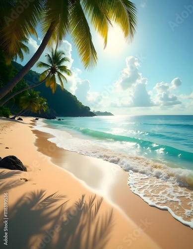 Fototapeta Naklejka Na Ścianę i Meble -  Scenic sandy beach with turquoise waters and palm trees under a sunny sky