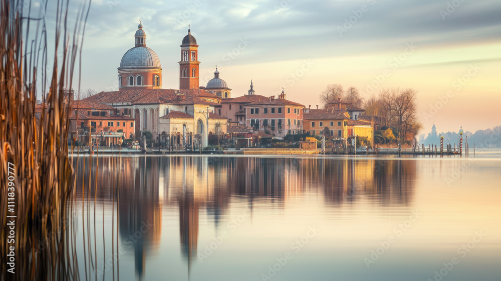 Obraz premium serene view of historic town by water, featuring beautiful architecture and reflections in calm lake