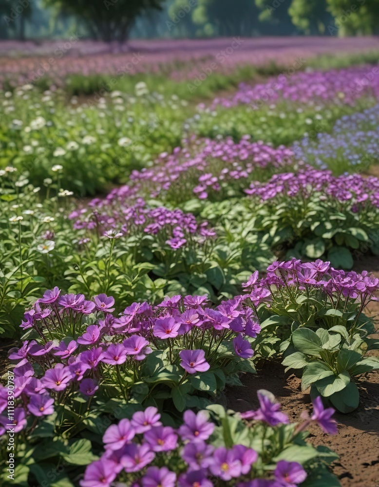 Field of flowering potatoes with lush green foliage and vibrant purple flowers , blossoming, plants, landscape Field of flowering potatoes with lush green foliage and vibrant purple flowers , blossoming, plants, landscape
