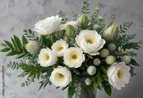 A white rose bouquet on a grey background with scattered proteas and green brunia foliage , brunia, proteas, nature photo