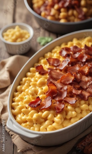 Creamy mac and cheese with crispy bacon on the side, comforting, rich