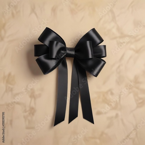 Simple yet striking black ribbon tied in a bow on a beige background, elegance, simplicity photo