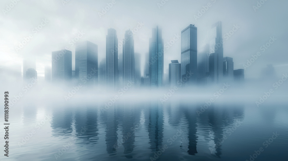 fog covered city skyline reflects in calm water, creating serene atmosphere. tall buildings emerge softly from mist, evoking tranquility fog covered city skyline reflects in calm water, creating serene atmosphere. tall buildings emerge softly from mist, evoking tranquility