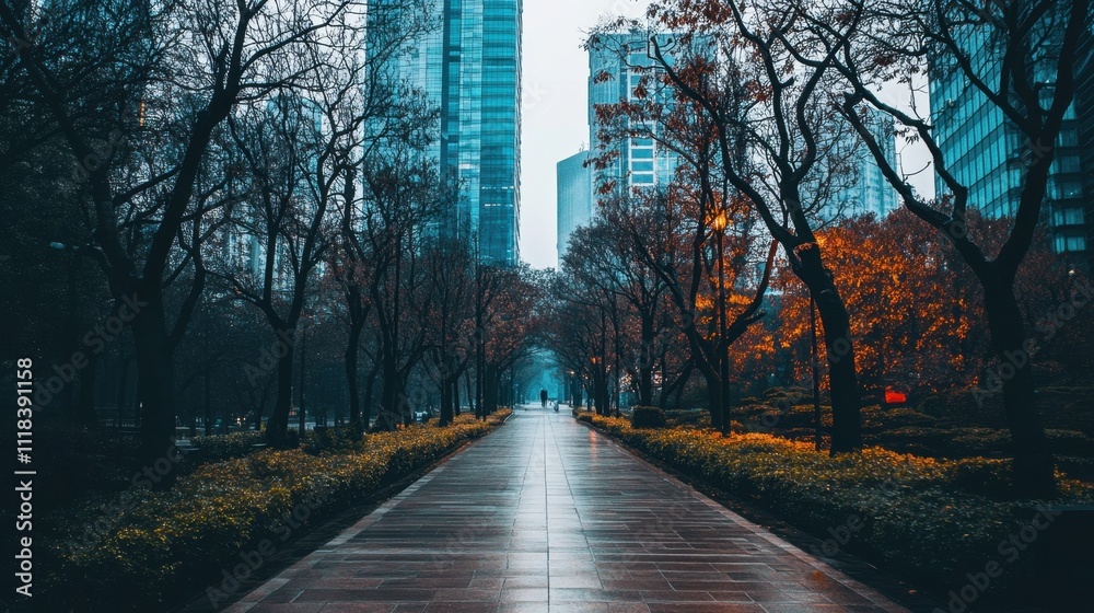 A wide footpath nestled between tall, minimalist buildings and dormant trees, bathed in cold, diffused light. A wide footpath nestled between tall, minimalist buildings and dormant trees, bathed in cold, diffused light.