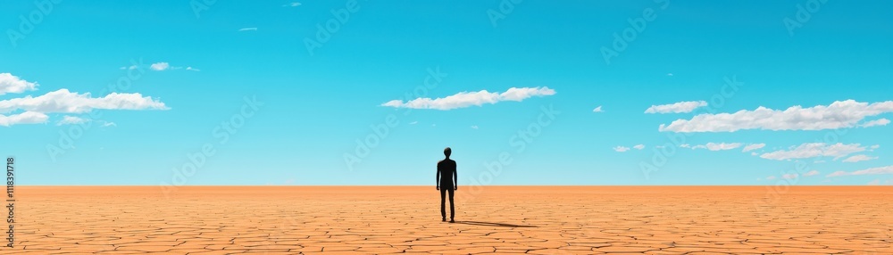 A lone figure stands in an expansive desert under a blue sky. A lone figure stands in an expansive desert under a blue sky.