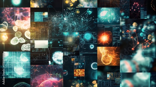 Collage of stages in drug discovery: from initial molecular screening to clinical trial phases, depicted through abstract graphics of chemical interactions, human biology, and scientific data charts.