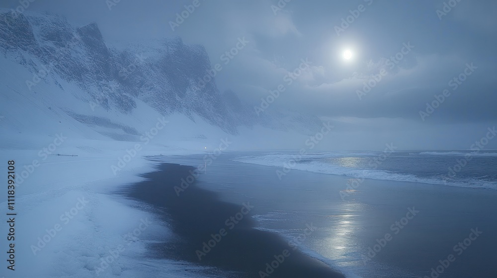 Obraz premium Moonlit winter beach with snow-covered mountains and dark ocean.
