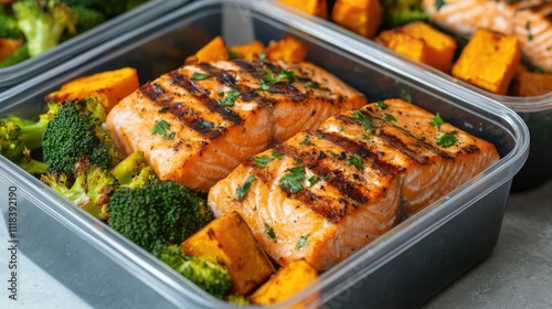 Fitness meal prep lunch box with grilled salmon, sweet potato, and broccoli, healthy food, lunch box 