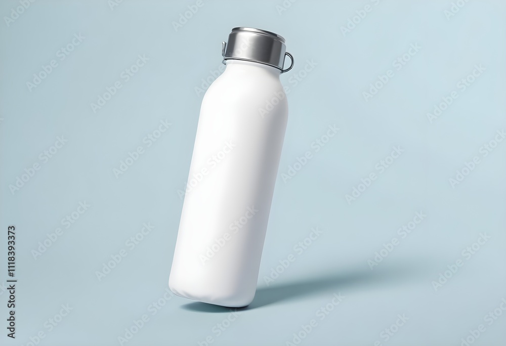 A white reusable water bottle with a metal cap on a light blue background A white reusable water bottle with a metal cap on a light blue background