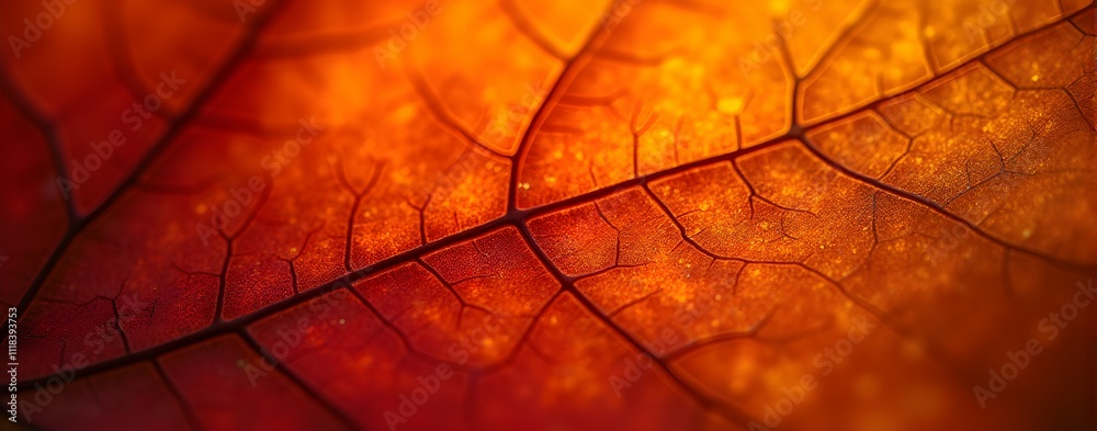 Fototapeta premium Intricate autumn leaf, ablaze in fiery orange and red hues. Close-up view reveals the delicate veins, a nature's masterpiece.