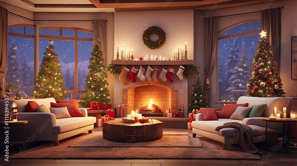A cosy holiday living area complete with a warm fireplace and Christmas decorations. Generative AI A cosy holiday living area complete with a warm fireplace and Christmas decorations. Generative AI