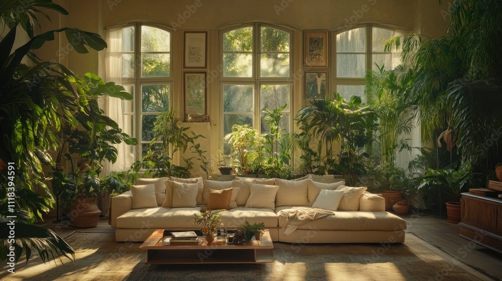 Sunlit Living Room Filled With Lush Greenery And Comfortable Seating Sunlit Living Room Filled With Lush Greenery And Comfortable Seating