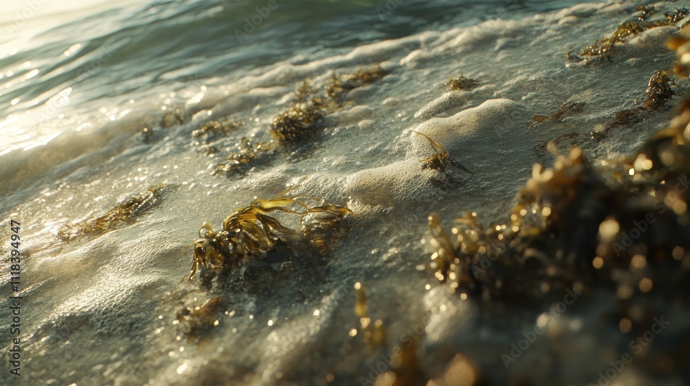 Golden Sunlight Illuminates Seaweed In Gentle Ocean Waves Golden Sunlight Illuminates Seaweed In Gentle Ocean Waves