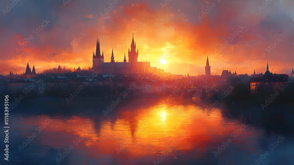 Naklejka premium Cityscape Illustration with Sunset Over Water