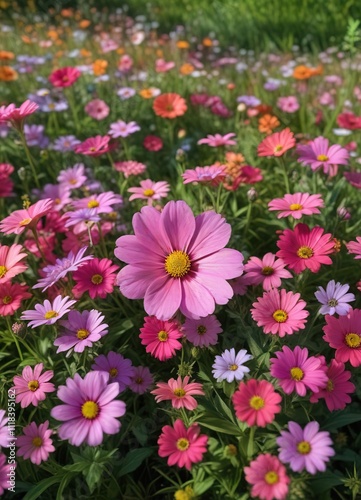 A delicate pink flower nestled among a bed of vibrant colorful flowers in a lush green meadow, intricate, individual, pink flower