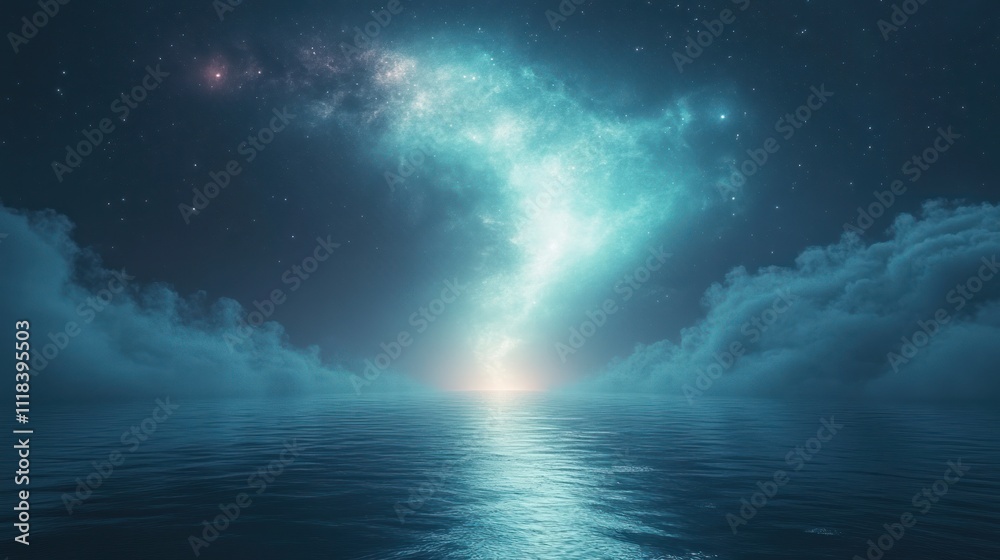 Mystical night scene with nebula over ocean. Mystical night scene with nebula over ocean.