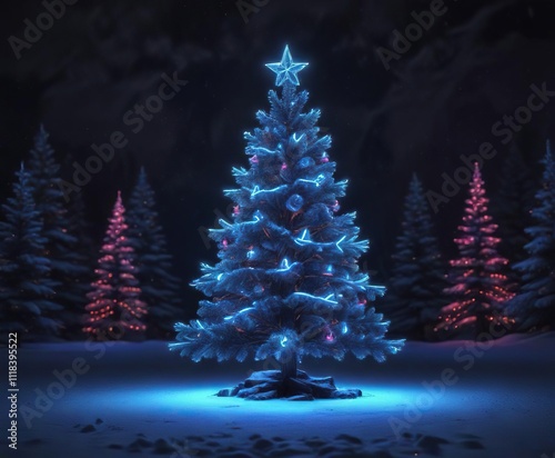 A beautiful glowing neon blue Christmas tree with colorful lights against a dark and snowy background , HolidayMagic, SeasonalSerene, FrostyFestive photo