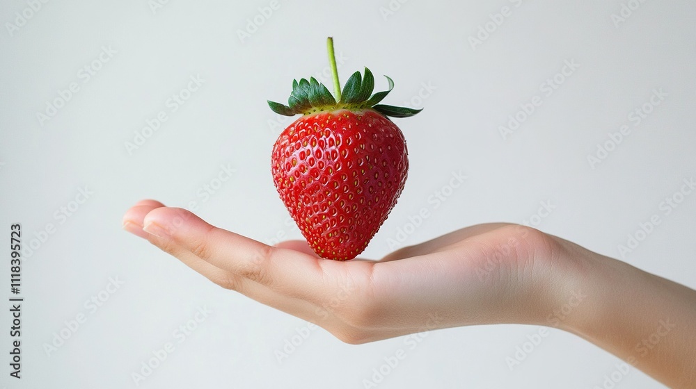 Obraz premium A person holding a sweet strawberry in the center with one hand and the other end with the other hand on a smooth white background.