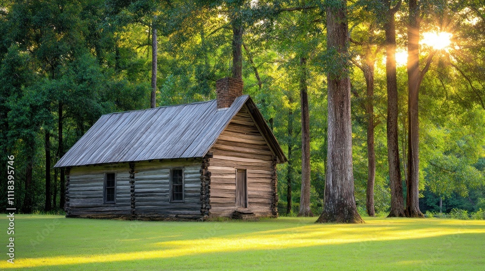 Rustic Log Cabin Sunrise in a Green Forest Rustic Log Cabin Sunrise in a Green Forest