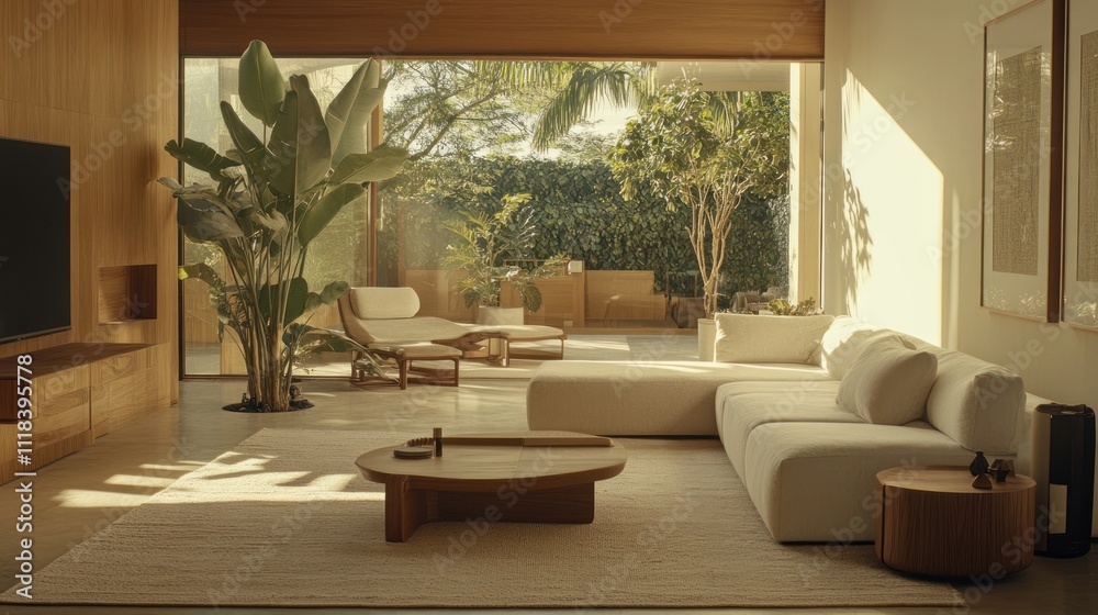 Modern Living Room With Large Window and Lush Greenery Modern Living Room With Large Window and Lush Greenery
