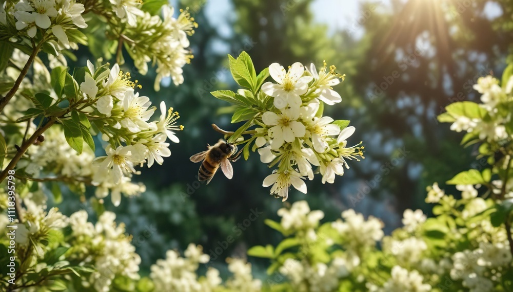 Bee flying among small leaved lime flowers in sunlight , garden, botanical imagery Bee flying among small leaved lime flowers in sunlight , garden, botanical imagery