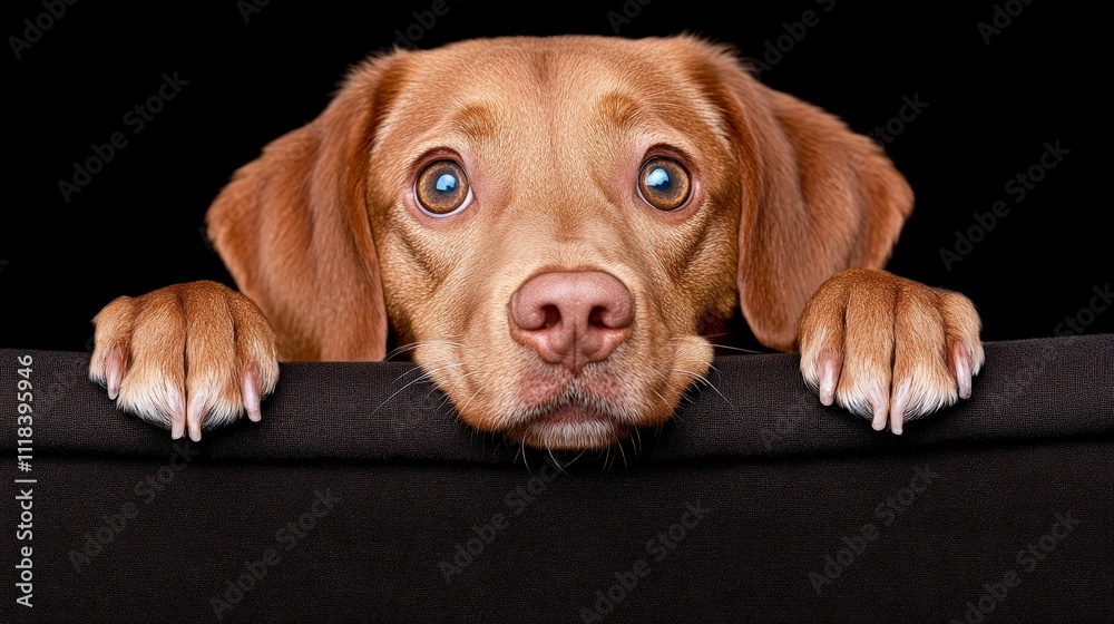 Curious Canine: A heartwarming portrait of a light brown dog peering over a dark surface, showcasing its endearing big eyes and paws. The image evokes feelings of curiosity and affection. Curious Canine: A heartwarming portrait of a light brown dog peering over a dark surface, showcasing its endearing big eyes and paws. The image evokes feelings of curiosity and affection.