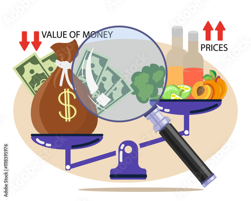 Inflation inspection. Food crisis. Reduce Value of Money over time, High Cost of Living. Grocery goods prices and money value on a scale. Vector illustration