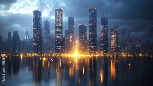 Cityscape night skyline urban environment digital artwork futuristic concept high angle view illuminated reflections