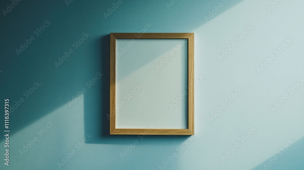 A blank wooden frame hangs on a teal wall A blank wooden frame hangs on a teal wall