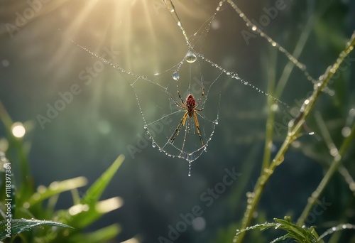 Tiny spider silk threads holding dew-kissed drops, single, nature photo