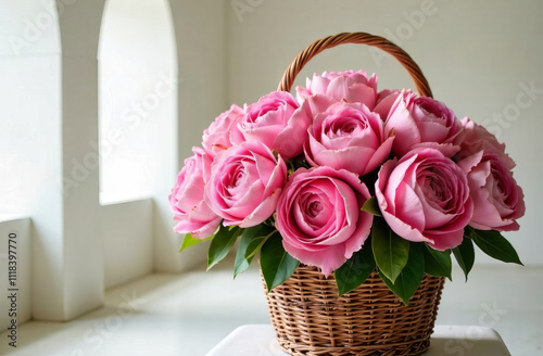 a large bouquet of pink peony-shaped roses in a wicker brown basket, on a blurred background of white arches with columns, foreshortening from the top. photo