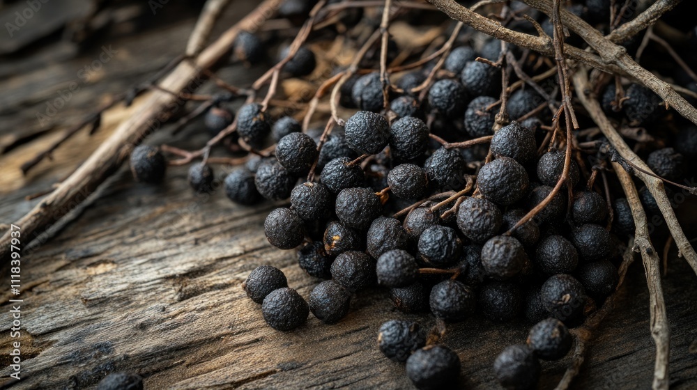 Dark Berries Resting On Weathered Wooden Surface Dark Berries Resting On Weathered Wooden Surface