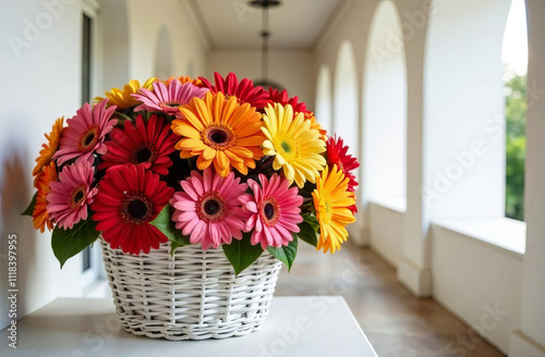 a large bouquet of multicolored gerberas in a wicker white basket on a background of white arches with columns, top view. A series of bouquets of different colors in a basket and in a vase. photo