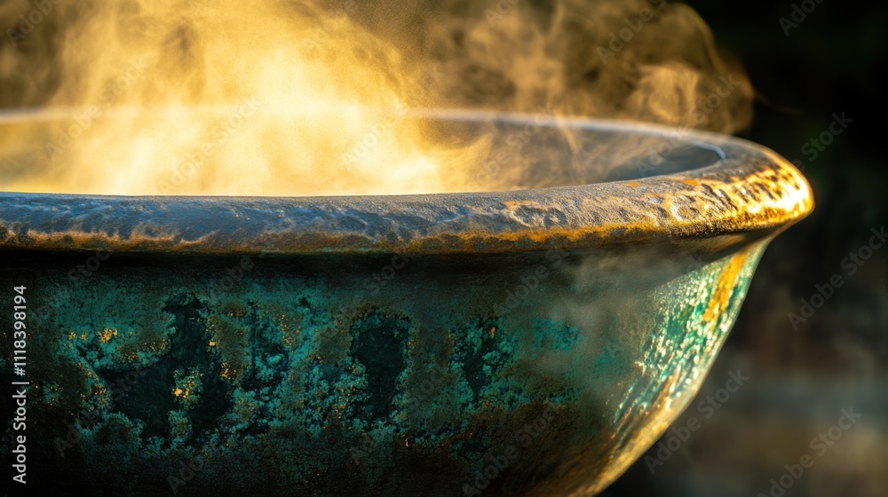 Steaming Golden Light Above Teal Pot