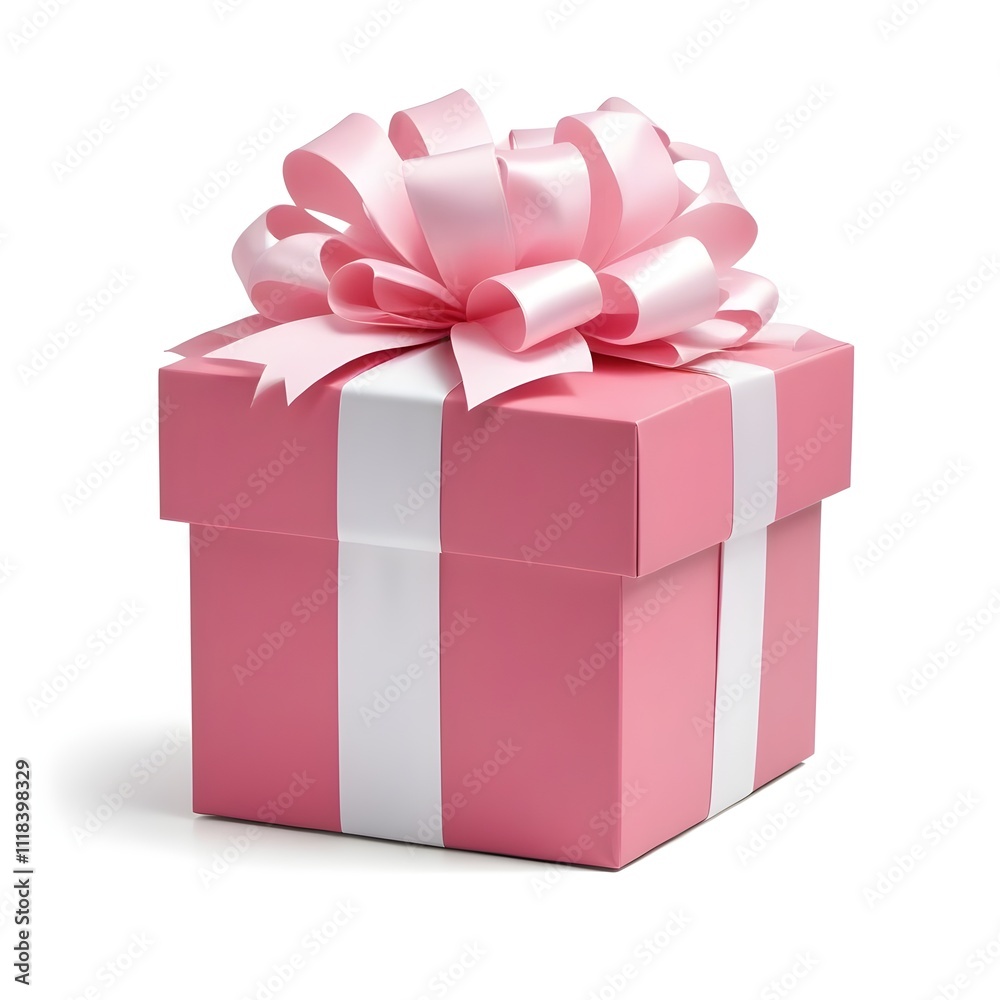 A pink gift box with a large white ribbon bow on top A pink gift box with a large white ribbon bow on top
